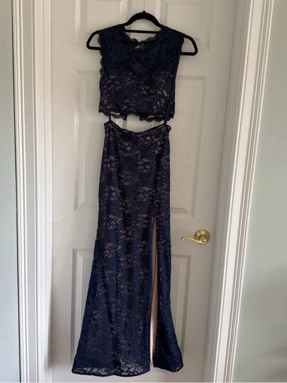 Sequin Hearts Navy Blue Lace Two-Piece Prom Dress